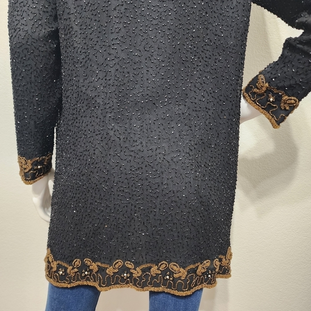 Vintage Scala Black Silk Beaded Long Evening Jacket Size M - Picture 5 of 12